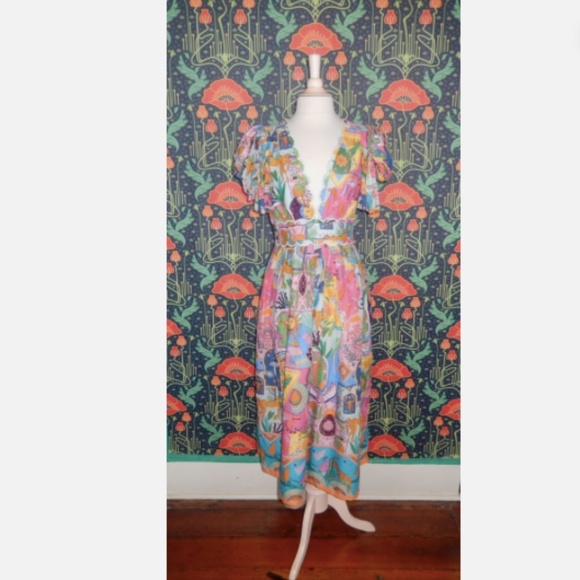 J. Marie Sloane Zodiac Celestial Print Bow Sleeve V-Neck Dress Nwt - Picture 5 of 9